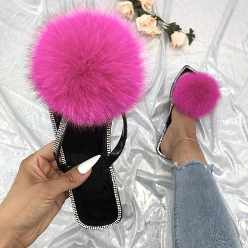 Fluffy Flip Flops Shoes For Women 2021 Summer Luxury Slippers Fox Fur Female Slides Indoor Ladies Shoes Crystal Black Slides