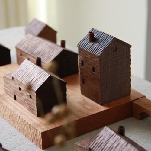 Nordic Wooden Mini House Ornaments Decoration Vintage Decorative Miniature Wood Architecture Craft Toys for Kids Baby Children