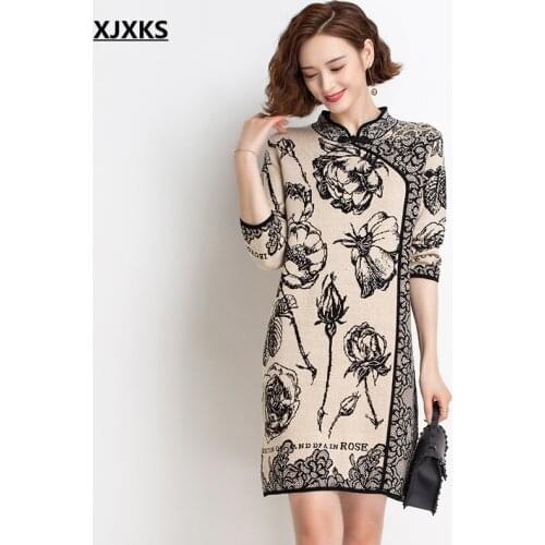 XJXKS Fashion printed women dress 2021 spring autumn new wool knitted long sweater women pullover