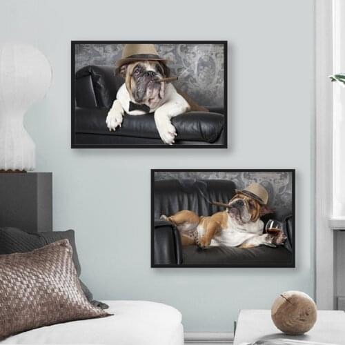 Humorous English Bulldog With Cigar and Brandy Glass Photography Poster Canvas Painting Bar Pub Wall Decorative Pictures Prints