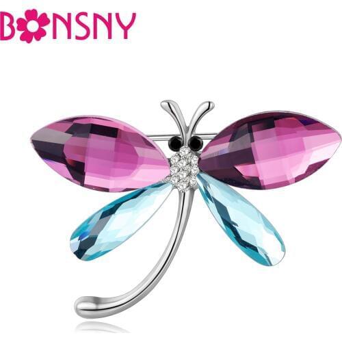 Bonsny Crystal Dragonfly Brooch For Women Wedding Brooches Pin For Collar Scarf Decoration Fashion Insect Jewelry Wholesale