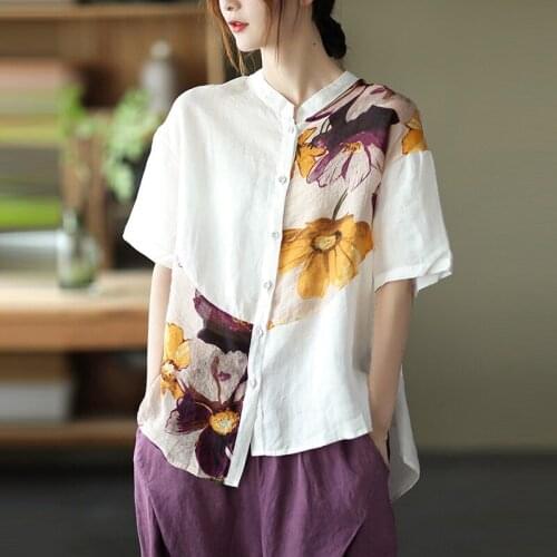 Women Cotton Linen Casual Shirts New Arrival 2021 Summer Vintage Style Patchwork Print Loose Female Short Sleeve Tops B689