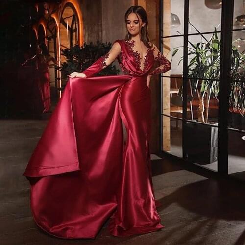 Mermaid Scoop Floor-Length Satin Long Sleeve Burgundy Celebrity Dresses With Applique