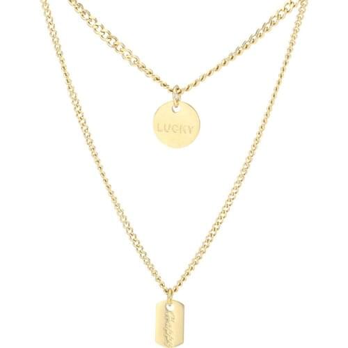 Statement Layered Necklace for Women 316L Stainless Steel Geometric Pendants Chain Necklace LUCKY Choker Jewelry Bijoux Femme