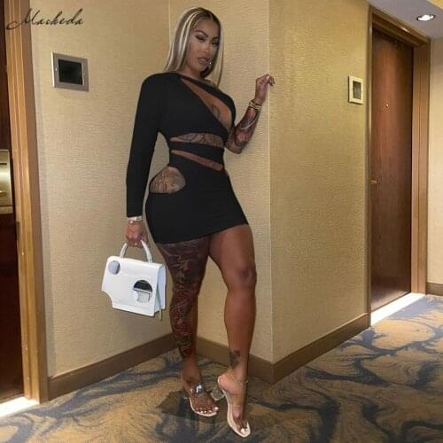 Macheda Summer White Sexy Hollow Out Dress Women Slim One Shoulder Long Sleeve Fashion Street Party Club Lady Bodycon Dresses