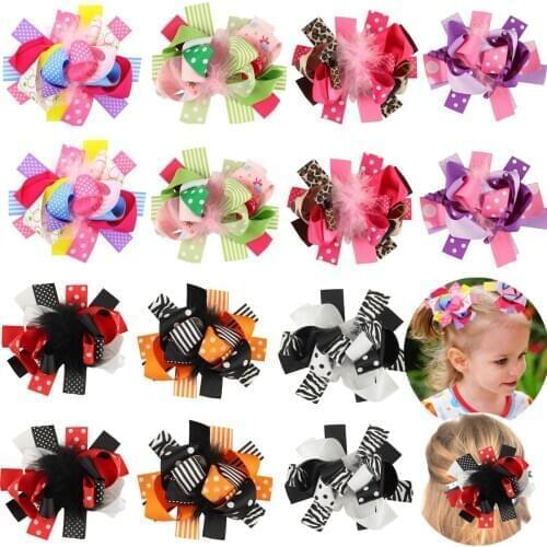 14 Pcs 5 Inch Kids Girls Angel Fairy Feather Grosgrain Ribbon Big Huge Hair Bows Clips Hairpins For Party Lolita Costume