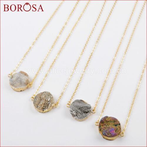BOROSA 5/10PCS Trendy 16" Gold Color 20mm Round Rainbow Titanium Galaxy Druzy Quartz Connector Necklace Fashion Jewelry G1615-N