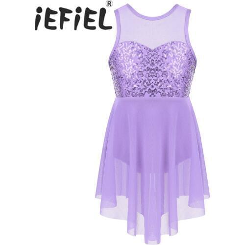 Kids Girls Sleeveless Sweetheart Sequins Criss-Cross Back Irregular Hem Lyrical Dance Costume Dress for Ballet Class Dancewear