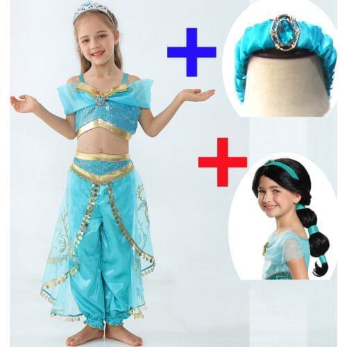 Kids Aladdin Princess Jasmine Costume Cosplay Halloween Party Wig Children Girls Belly Dance Dress Wigs Costume Set high quality