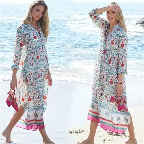 FORERUN Summer Long Dresses Floral Beach Dresses Long Sleeve Turn Down Collar Maxi Chiffon Plus Size Loose Bohemian Vestidos