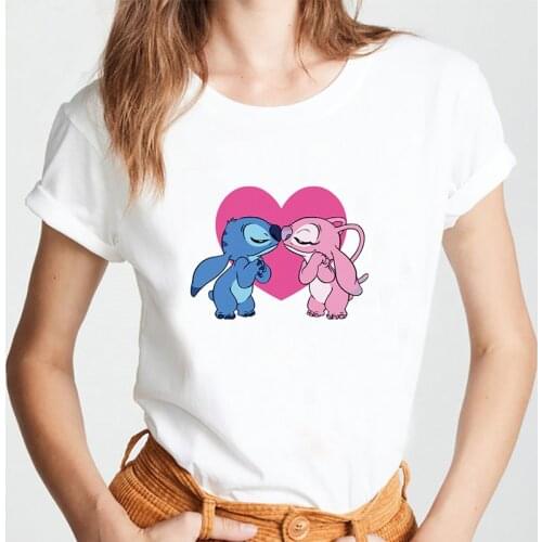 Disneys Lilo Hugs Stitch Women T-shirts Funny Cute Fashion Trend Top Lady Tshirt Female Ladies Print Graphic Tee Tops T Shirt