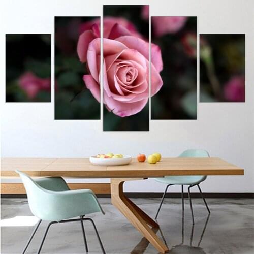 HD Canvas Oil Painting Rose Poster Romantic Art Mural Pink Rose Single Home Decoration Living Room Five-piece Set Without Frame