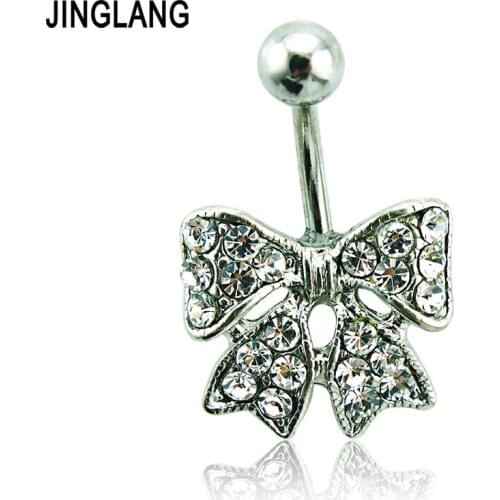 JINGLANG 1 Pcs Piercing Belly Button Rings 316L Stainless Steel Barbell White Rhinestone Bowknot Navel Rings Jewelry