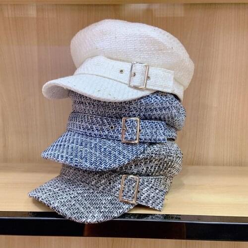 Classical Plaid Tweed Winter Hat for Women Warm Visor Cap Belt Design Flat Military Cap Casual Beret Newsboy Hat Tartan Cabbie