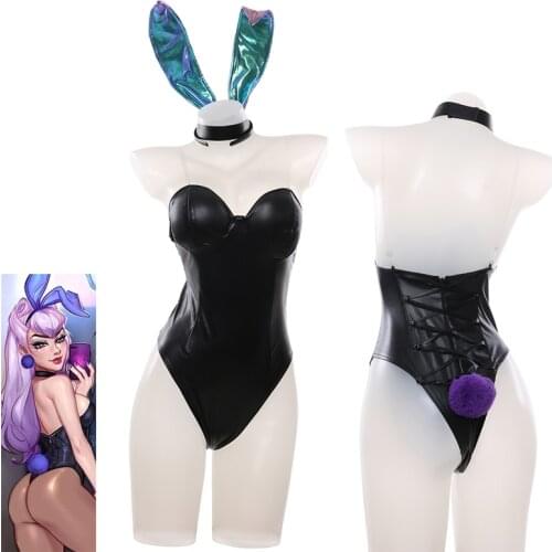 KDA Evelynn Cosplay Bodysuit Cute Bunny Girl Costumes Game LOL Lovely Black Sexy Womens Backless Bandage Jumpsuit Rabbit Ears