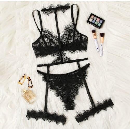 Womens underwear set sexy fashion exquisite lace underwear + garter + shorts set hollow underwear set нижнее белье женское 50