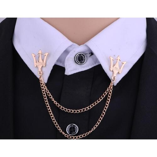 Korean Metal Crown Brooch Pin Jewelry Luxury Tassel Chain Lapel Shirt Small Suit Badge Shirt Collar Accessories Gifts for Men