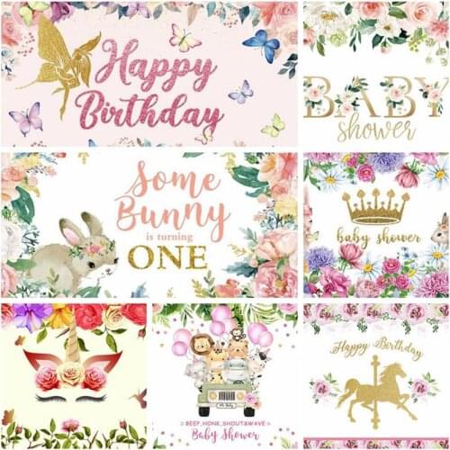 Laeacco Baby Shower Backdrops Watercolor Painting Pink Flowers White Background Customized Photography Backgrounds Photocall