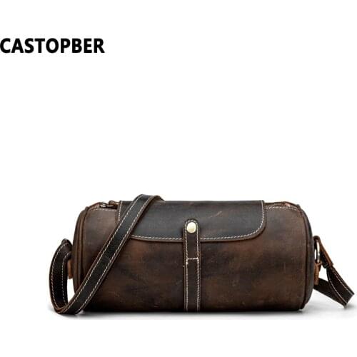 Small Cowhide Leather Barrel Bag Womens Crazy Horse Leather Handbags Ladies Vintage Crossbody Designer Famous Brand Quality