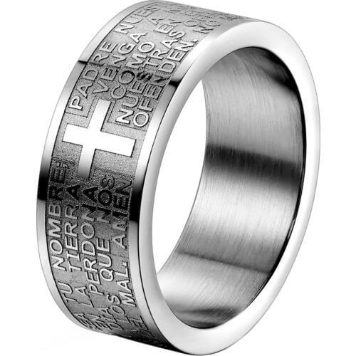 Fashion Mens 316L Stainless Steel Ring Spanish Lords Prayer Bible Cross 8mm Band silver color anillos hombre mens jewellery
