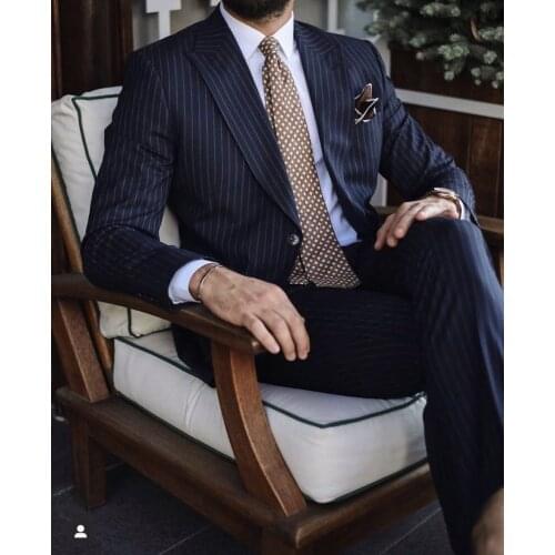 Business Dark Blue Stripe Men Suits Set Costume Homme Peak Lapel Slim Fit Tuxedo Wedding Groom Terno Masculino Blazer 2 Pieces