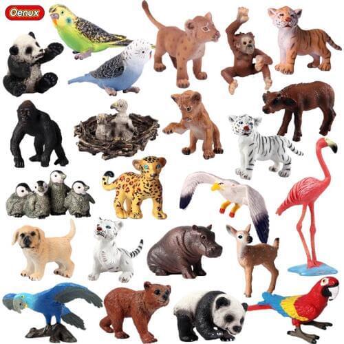 Oenux Original Animals Tiger Lion Deer Model Action Figure Flamingos Parrot Figurines Animals Miniature Collection Toys For Kids
