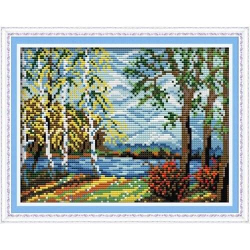 Oy Sunday Cross stitch suit handmade diy, bridge birch forest beautiful countryside landscape embroidery decorative gifts
