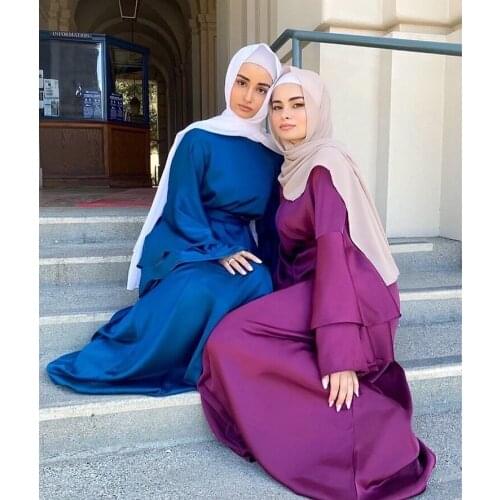 Ramadan Eid Satin Hijab Long Sleeve Dress for Women 2021New Mubarak Elegant Solid Slim Waist Swing Arabic Turkey Muslim Clothes
