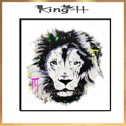 Hand-painted high quality black and white animal faces with fierce lion eyes close to tiger oil painter Art Deco large mural