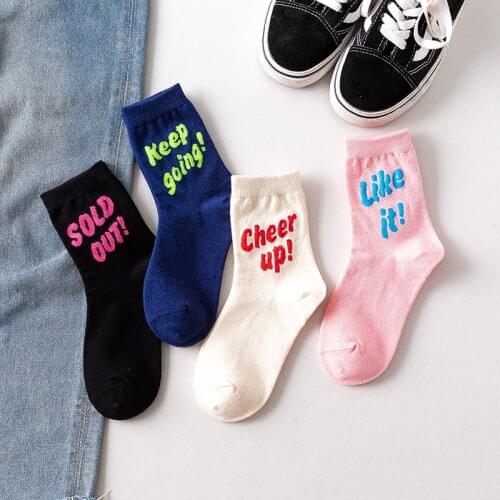 Spring and autumn funny socks women pure cotton cartoon cute socks long letters Harajuku casual ladies thick white warm letters