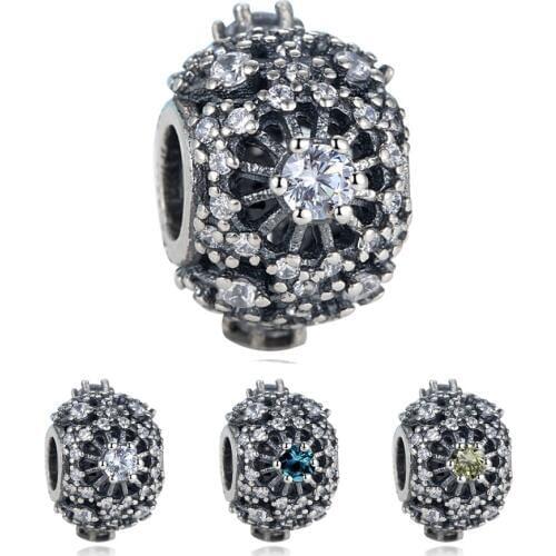 Authentic 925 Sterling Silver Bead Charm Vintage Flower With Full Crystal Beads Fit Bracelet Bangle DIY Jewelry