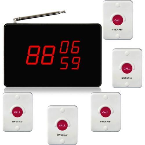 SINGCALL Wireless Waiter Service System for Restaurant, 1 Small Screen Receiver SC-R10 and 5 APE510 Bells