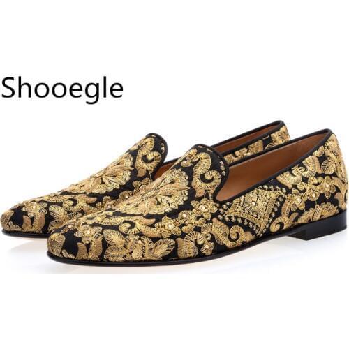 Fashion Men Hand-embroidered Canvas Casual Shoes Stud Crystal Gold Shoes Embroidery Shoes Comfort Men Loafers Floral Flats