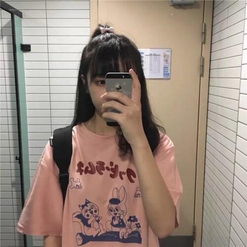 Ulzzang Cute Cartoon Sweet Girls Japan Streetwear Harajuku Rabbit Pink Fun Kawaii Casual Tops Vintage Loose Summer Women T-shirt