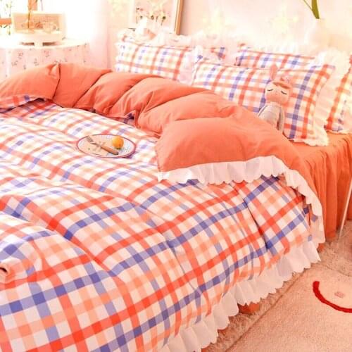 2021 Spring Orange Lace Bedding Sets 4pcs Childrens Girl And Adult Bed Linings Duvet Cover Bed Skirt Pillowcase