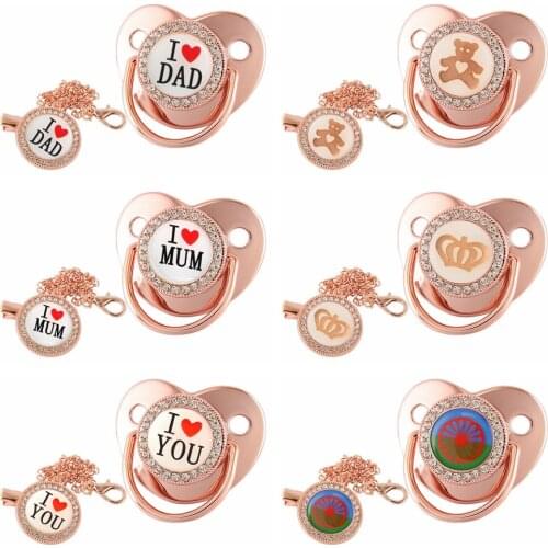 Newborn Baby Pacifier Clips Rose Gold Bling Teether BPA Free Silicone Pacifier Holder Infant Nipple Dummy Baby Shower Gifts