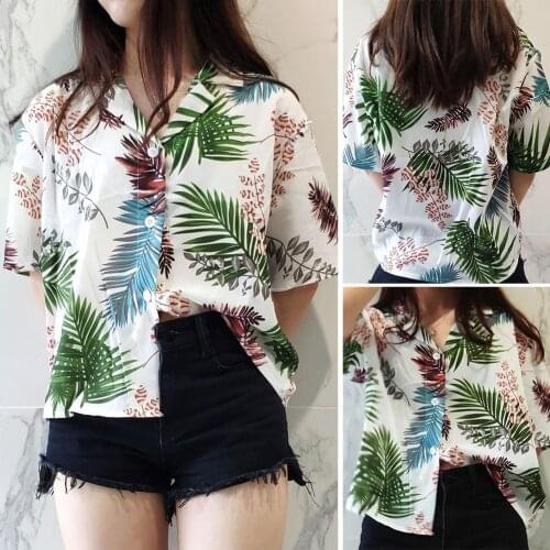Tropical Plant Leaf Print Short Sleeves Women Top Chiffon Casual Blouse Shirt