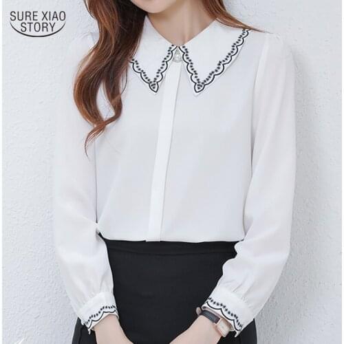 Beauty 2021 Autumn Crochet Collar Women Blouse Elegant Long-sleeve Solid Women Shirt Causal Temperament Chiffon Shirt Tops 16419