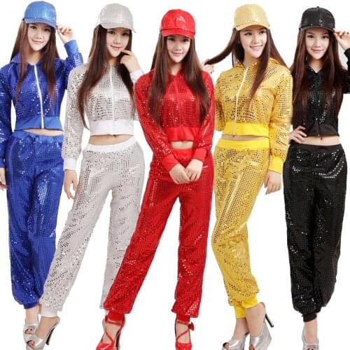 Women Modern Sequined Hip Hop Dancing Tops+Pants Costume Men Party Performance dancewear Adult Jazz dance Clothing Customes