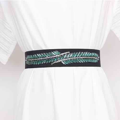 Handmade RHinestone Leaves Beading Waist Belt Women White Red Green Crystal Elastic Strech Strap Summer Dress Belt Decoration