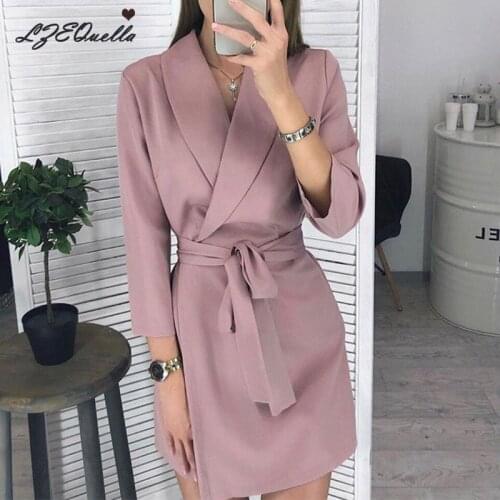 LZEQuella Women Long Sleeve Mini Dress Office Lady Button Belt Lace Up Turn Down Collar Neck Solid Color Vestidos NZ2456