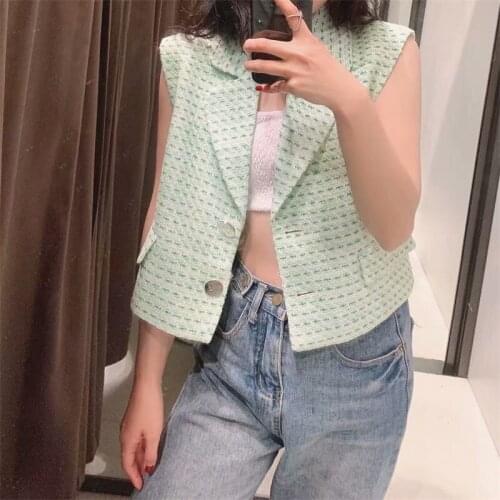 ZXQJ Women 2021 Fashion With Metal Button Tweed Cropped Vest Coat Vintage Sleeveless Flap Pockets Female Waistcoat Chic Tops