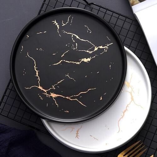 20Cm Gold Marble Ceramic Dish Porcelain Cutlery Set Kitchen Table European Decorative Dessert Steak Plate