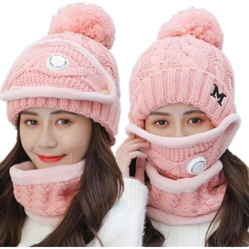 3 piece Warm Wool Beanies Skullies Hats With Mask Collar Bib Winter Cycling Hat Women Female Velvet Thick Anti-smog Knit Caps
