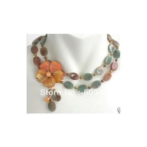 Free shipping beautiful 2 rows flower shell clasp onyx pearl necklace