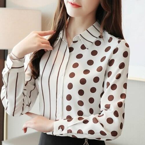 Blouses Woman 2021 Fashion Turn Down Collar Office Ladies Tops Blouse Women Long Sleeve Striped Dot Chiffon Blouse Blusas C32