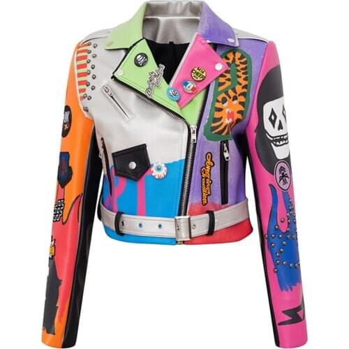 Chaojin Autumn Graffiti Print Women PU Jacket Contrast Color Motor Faux Leather Coat Slim Short Female Top Badge Studs Outerwear