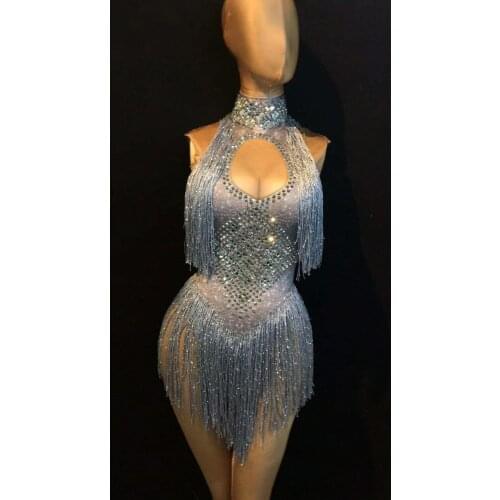 Stretch Bodysuit Sparkly Rhinestones Tassel Leotard Nightclub Dance DS Show Stage Wear Party Female Singer Outfit