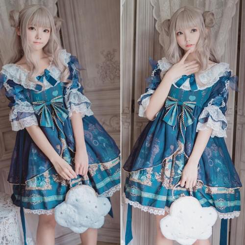 Gothic Lolita Palace Kawaii Girl Op Cos Loli Sweet Lolita Dress Vintage Lace Bowknot High Waist Print Victorian Dress Vestidos