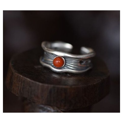 Original Design South Red Tourmaline Lotus Open Ring Chinese Style Retro Bohemian Charm Womens Silver Jewelry